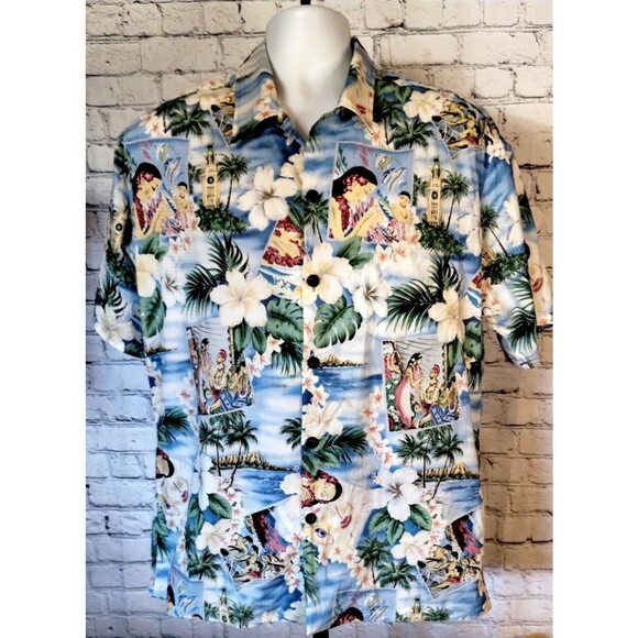 Howie Hawaiian Shirt Aloha Made In Hawaii Luau Cotton Blend Sz L Surf Hibiscus - Picture 2 of 7